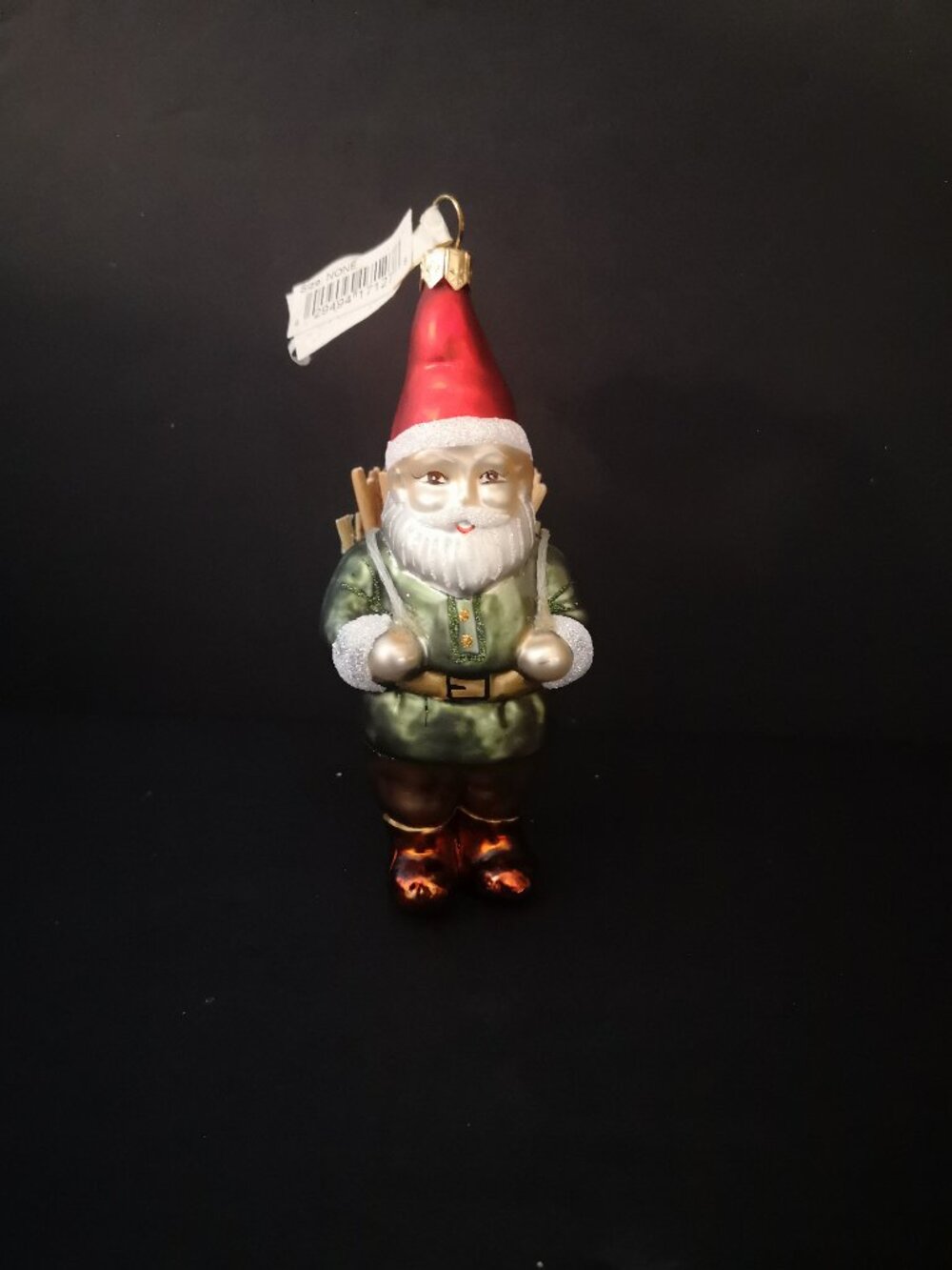 Nordstrom Hand Blown & Painted Glass Tree Ornament Gnome carrying Sticks 4.25"